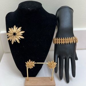 Vintage Avon Textured Gold Starburst Set of Bracelet, Earrings, & Brooch